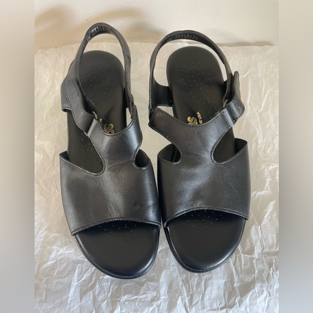 SAS Tripad Comfort Roamer Black Leather Ankle Strap Wedge Sandals Womens Size 9